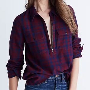 Madewell flannel 3/4 zip red and blue plaid collared shirt